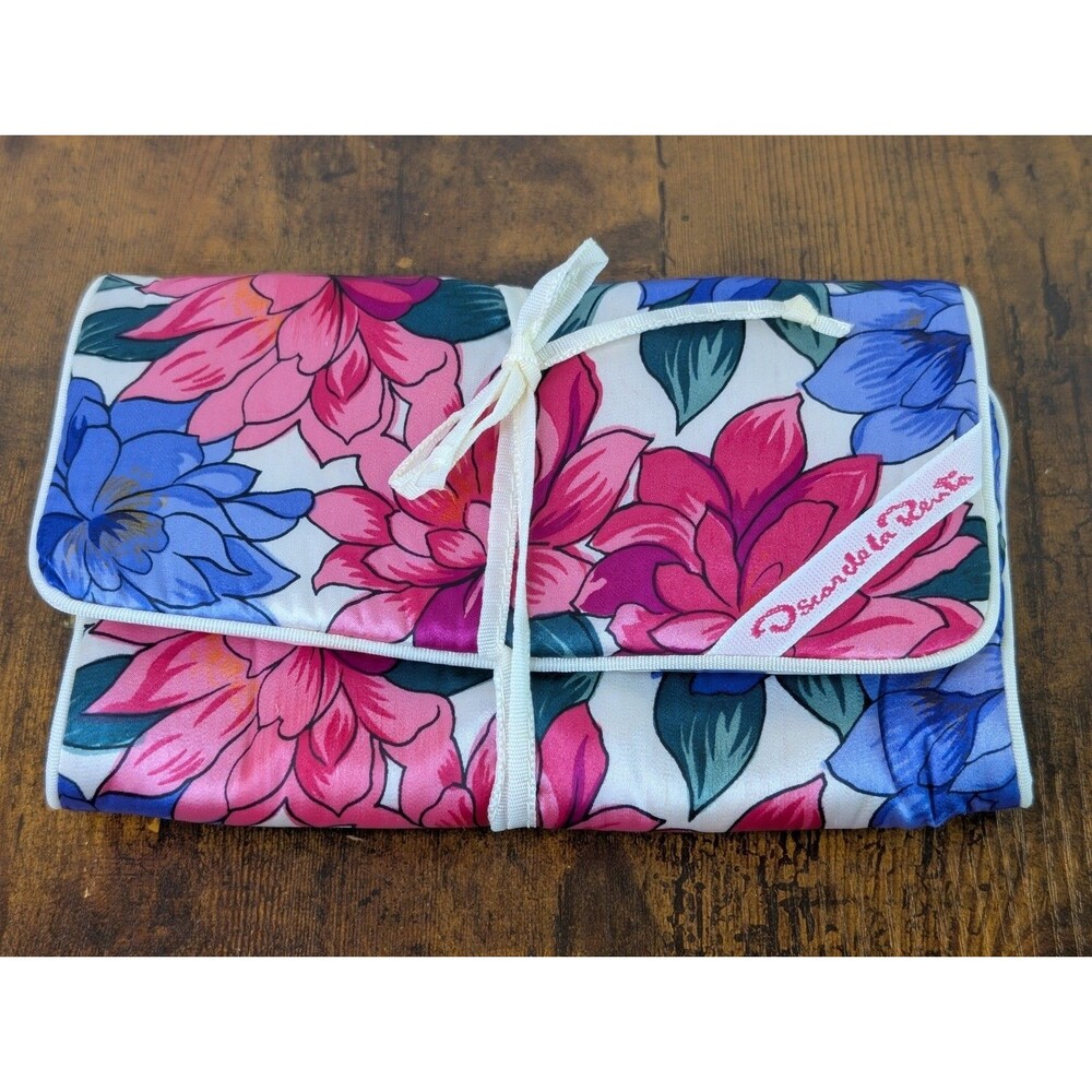 Vintage Oscar de la Renta Floral Roll-Up Jewelry Travel Organizer Bag Mint